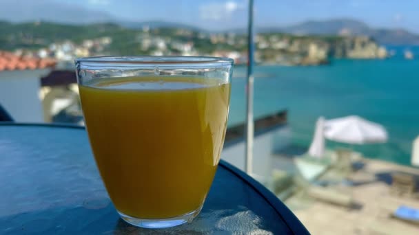 桌上放橙汁地中海海岸线的景观 观看阿尔米里达村庄和海湾 克里特岛 希腊哈尼亚省克里特岛上最美丽的地方阿尔米里达的海岸线查妮亚 — 图库视频影像