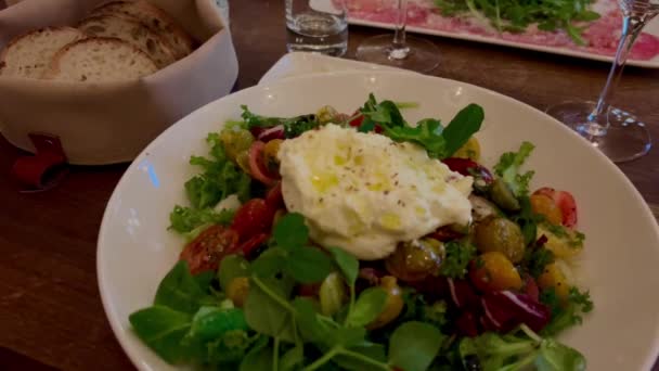 Salad Caprese Tomato Mozzarella Basil Top View Delicious Italian Caprese — Stock Video