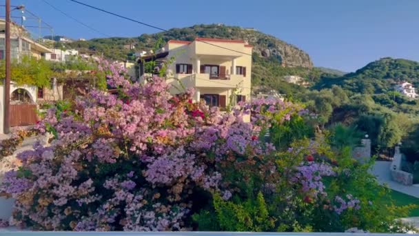 ギリシャの庭園の素晴らしい景色 庭のある豪華なヴィラ ギリシャの豪華なヴィラリゾート クリート晴れた日 美しい花 クレタ島 ギリシャ リゾート アメージングホリデー — ストック動画