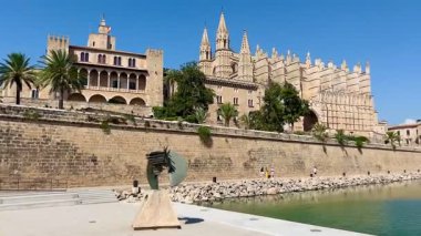 Palma de Mallorca, İspanya - 9 Temmuz 2025: Palmiye ağaçları ve geniş su kaplama kanallı Katedral-Bazilika Santa Maria de Mallorca 'nın güzel manzarası. Balear Adaları, İspanya. Mimari