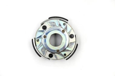 centrifugal clutch set of motorcycle or scooter on white background .Motorcycle automatic clutch uses centrifugal force with the driving shaft nested inside the driven shaft. clipart