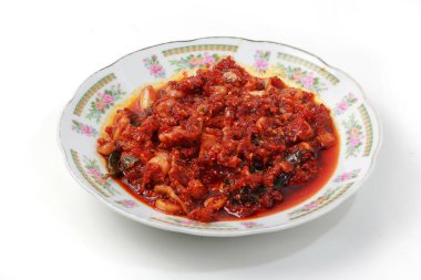 Sauteed Tuzlu Kalamar, Sambal Kalamar veya Baharatlı Kalamar, soğan ve biberli, beyaz arka planda izole edilmiş.