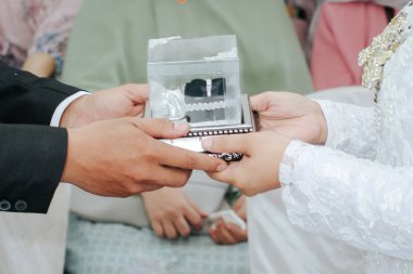 Kutudaki bir çift yüzük gelin ve damat tarafından tutulur. Makale ve reklam için iyidir.