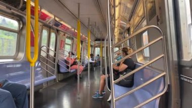 This video shows views of people wearing a face mask during the Coronavirus era on a subway train while heading from Brooklyn to downtown Manhattan.