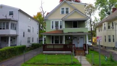This video shows aerial views of inner-city neighborhood homes near Hartford, CT.