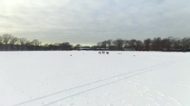 Bu video Brooklyn, New York 'ta karla kaplı bir parkın hava görüntüsünü gösteriyor..  