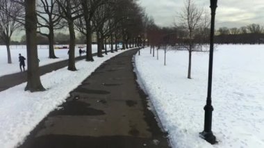Bu video Brooklyn, New York 'ta karla kaplı bir parkın hava görüntüsünü gösteriyor..  