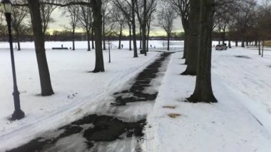Bu video Brooklyn, New York 'ta karla kaplı bir parkın hava görüntüsünü gösteriyor..  