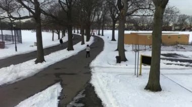 Bu video Brooklyn, New York 'ta karla kaplı bir parkın hava görüntüsünü gösteriyor..  