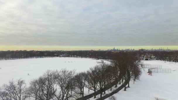 Toto Video Ukazuje Letecký Pohled Zasněžený Park Brooklynu New Yorku — Stock video