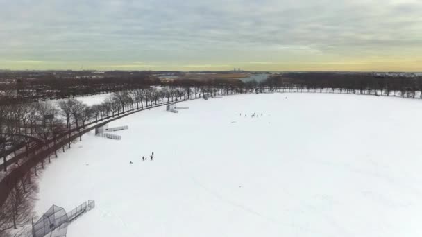 Este Vídeo Mostra Uma Vista Aérea Parque Coberto Neve Brooklyn — Vídeo de Stock