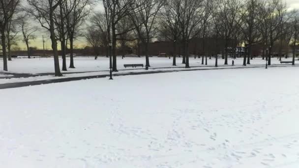 Video Shows Aerial View Snow Covered Park Brooklyn New York — стоковое видео