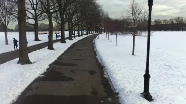 Video Shows Aerial View Snow Covered Park Brooklyn New York — Stock Video