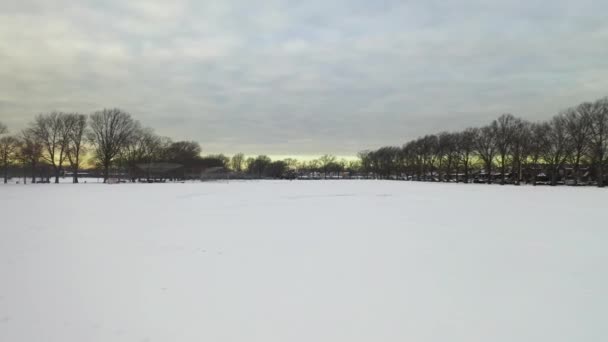このビデオは ニューヨーク州ブルックリンの雪に覆われた公園の空中ビューを示しています — ストック動画