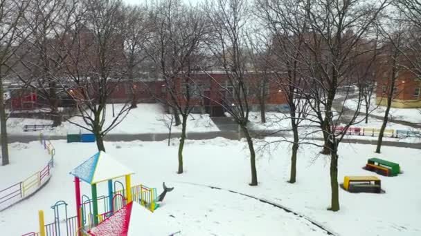 これは ブルックリンの雪嵐の間に内側の都市公園の空中ビューです — ストック動画