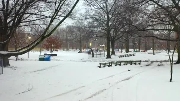 这是布鲁克林雪灾期间一座市内公园的航拍图 — 图库视频影像