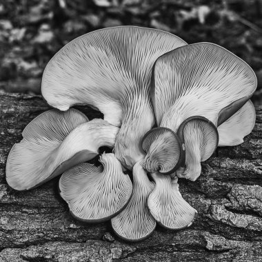 Ağaç gövdesinde siyah beyaz istiridye mantarı yığını. Tıbbî mantarlar Pleurotus ostreatus, aşağıdan. Yenebilir sağlıklı mantar makrosu ve kabukları soyulmuş..
