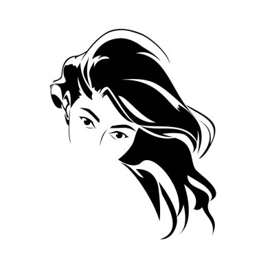 Black silhouette of a girl with wavy hair vector, outline woman logo, girl art sign. 