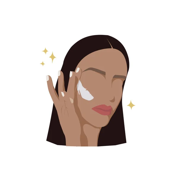 スキンケアロゴ 顔のクリームイラストを適用する女の子 化粧品の使用 — ストックベクタ