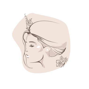 Kadın Çizgisi Sanat Minimalist Logosu. Doğal Organik Kozmetik Makyajı. Güzel kız çıplak vektörü. Çiçek çizgili kadın yüzü