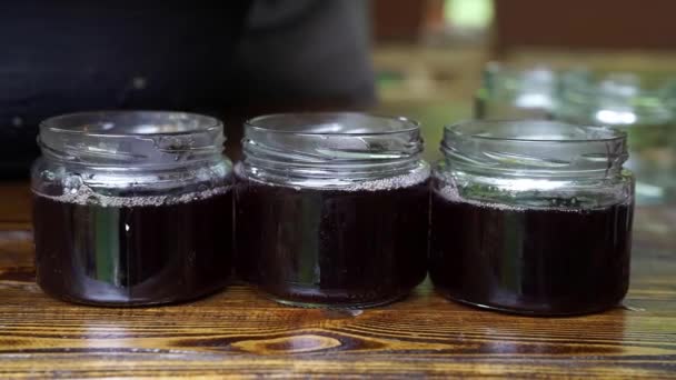 Three Glass Jars Filled Lilac Syrups — Stockvideo