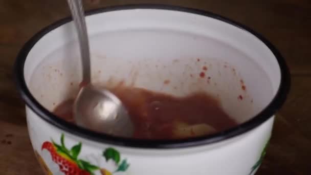 Stirring Rich Tomato Sauce While Cooking Saucepan — Vídeo de Stock
