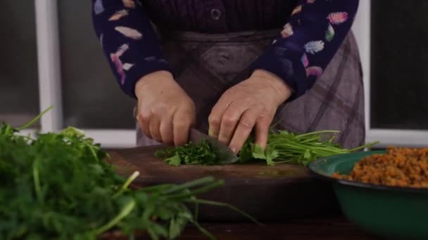 白种人女性的手在木制切菜板上用新鲜的欧芹刀切割 — 图库视频影像