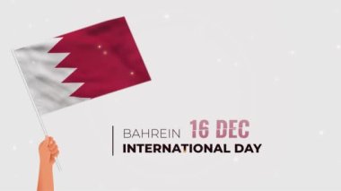 El ele tutuşarak Bahreyn Ulusal Günü. Ulusal Bahreyn Günü 'nü kutluyoruz. Bayrak sallayan Bahreyn haritası. Gri Arkaplanda Mutlu Bahreyn Ulusal Günü.
