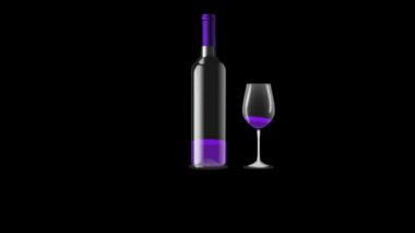 Camı ve şişeyi siyah arka planda şarapla doldurun. 4k video döngüsü canlandırması.