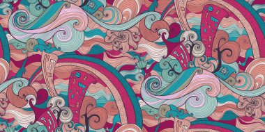 Gökkuşağı Şehri Doodle Kusursuz Vektör Deseni