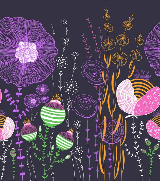 Fantezi Çiçek Bahçesi Kusursuz Vektör Deseni. Tasarımlarınıza renk katmak ya da neşeli ve canlı bir atmosfer yaratmak istiyorsanız, bu şablon bir açıklama yapacaktır.
