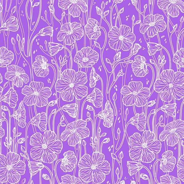 White Line Drawn Flowers on Purple Background Vector Pattern