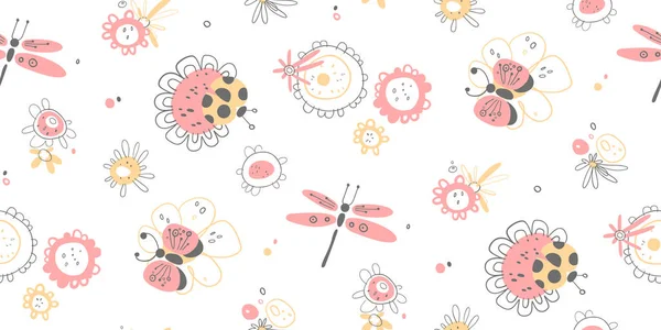 Simple Seamless Vector Pattern Girls Flowers Ladybugs Butterflies Dragonflies Perfect — Stock Vector