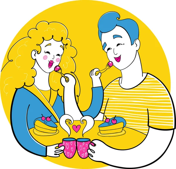 甜蜜时刻 早餐时一对夫妇互相喂蛋糕的矢量图解 适用于贺卡 社交媒体 广告等场合 — 图库矢量图片