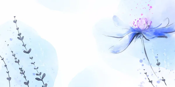 Blå Akvarell Vektor Bakgrund Med Delikat Blomma Och Subtila Gräselement — Stock vektor