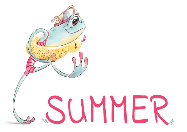 stock image Froggy's Summer Splash - A frog in swimming goggles and an inflatable swimming ring goes for a swim. Children's cartoon illustration. Watercolor and pencil style. Large format.