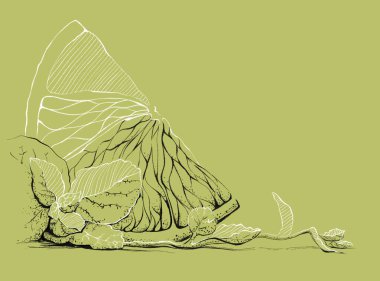 Yeşil arka planda limon dilimi ve nane. Mürekkep ve Yumurtadan Çıkma. Grafik Çizgisi illüstrasyonu. Yazdır. Klip sanatı. Büyük biçim.