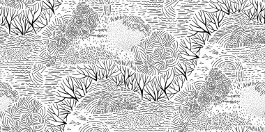 Minimalist kusursuz desen. Basit çizgi vektör grafikleri. Çizgiler, noktalar, yumurtadan çıkma ve siluetler. Ağaçlar, doğa, su.