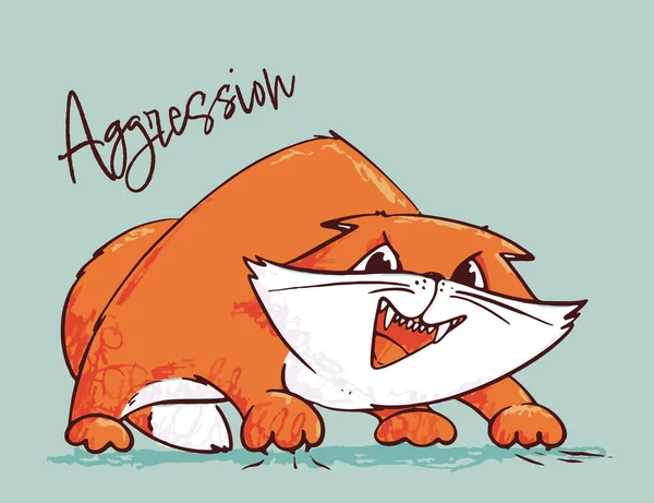 Hasta kedi belirtileri - vektör çizimi. Hayvan durumu. Evcil hayvan. Kuduz, saldırganlık. Öfke, öfke, düşmanlık, şiddet davranışları, agresif eğilimler, vahşilik, vahşilik..
