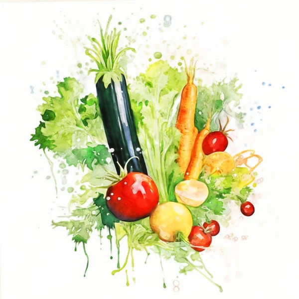Mnohobarevná Zelenina Lilek Rajčata Salát Mrkev Šťavnatých Cákancích Pulzující Akvarel — Stock fotografie