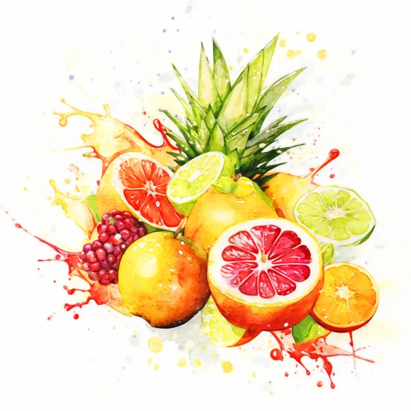Tropikal meyveler, sulu sularda ananas ve narenciye. Beyaz arkaplanda çok renkli suluboya resimleme izole edildi. Yazdır, Clipart.