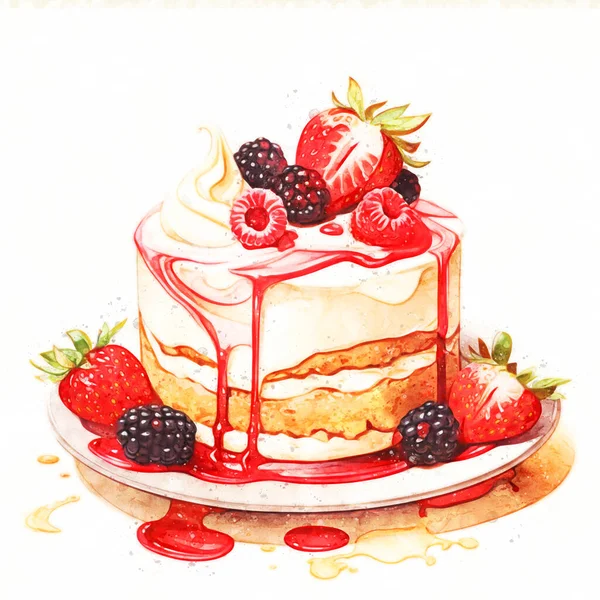 Сладкий Десерт Ягодами Яркая Акварельная Иллюстрация Выделена Белом Фоне Печать — стоковое фото