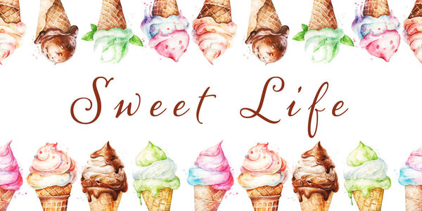 Bright colorful ice cream cones.  Summer sweets. Watercolor seamless vector pattern on a white background. Frame for text.