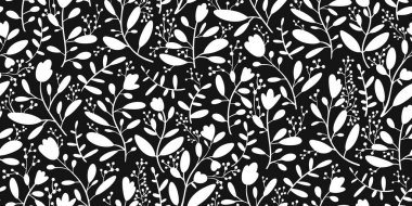 Şık, pürüzsüz çiçek deseni. Doğa - çiçekler, yapraklar, dal ve böğürtlen. Soyut vektör siyah beyaz baskı. Basit siluet minimalizmi.