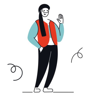 Bir insanın düz vektör çizimi. Geleneksel kıyafetler ve başlıklı bir adam selamlaşmak için elini sallıyor. Göçmen bürosu. Suriye. Mülteciler. Basit çizgi minimalizmi.