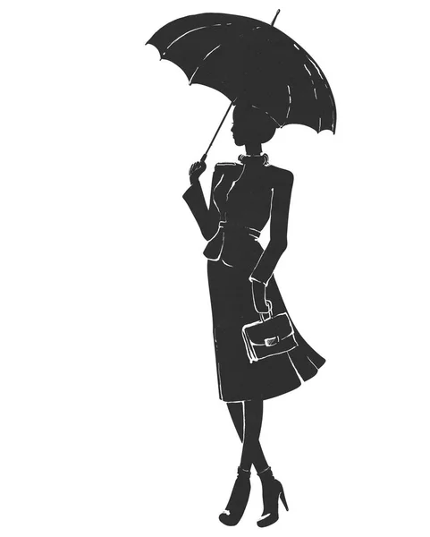 Podzim Silueta Dívky Pod Deštníkem Módní Černá Ilustrace Bílém Pozadí — Stock fotografie