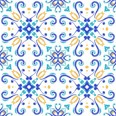 Soyut suluboya parlak renklerle süslenmiş, sarı, turkuaz, mavi. Beyaz bir arka planda kusursuz desen. Büyük biçim.