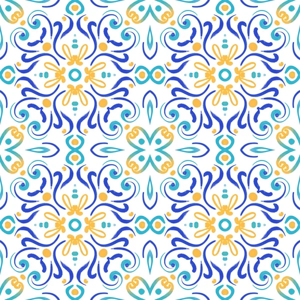 Абстрактный Акварельный Орнамент Плитки Ярких Цветов Желтый Бирюзовый Синий Бесшовный — стоковое фото
