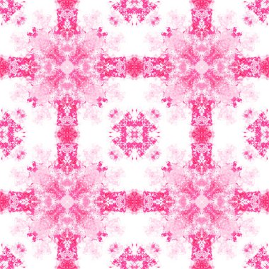 Soyut suluboya fayans süsü. Beyaz arka planda pembe renk lekeleri. Kusursuz damalı desen. Büyük biçim.