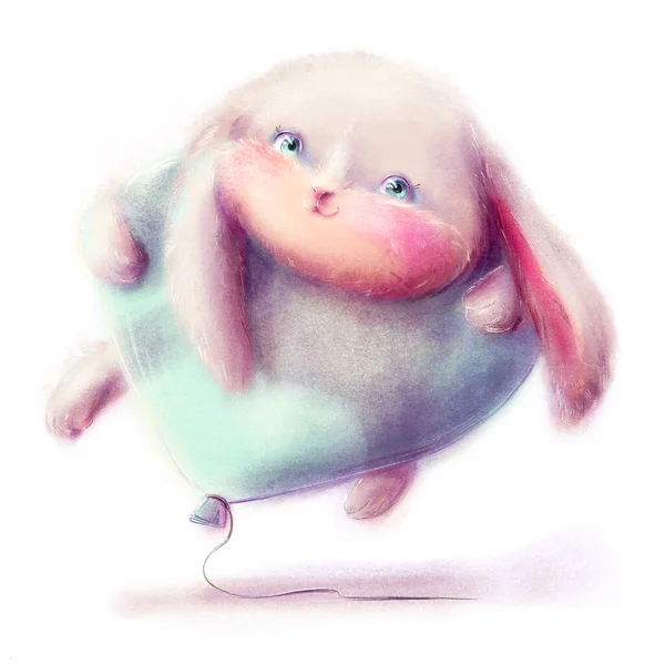Bunny Flying Blue Balloon Adorable Hare Children Cartoon Illustration Rabbit — Stock Photo, Image